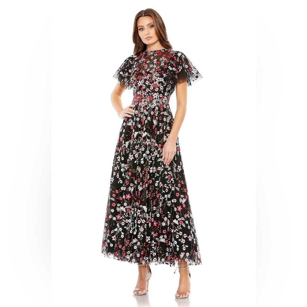 Mac Duggal Floral Embroidered Flutter-Sleeve Midi-Dress